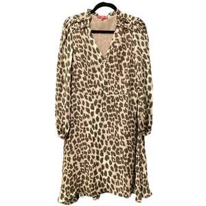 Elaine Turner Leopard Long Sleeve tunic Swing knee length silk Dress V Neck S